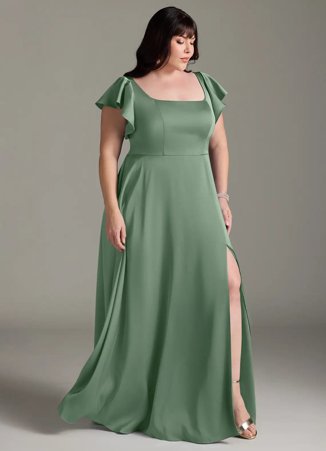 Ruffle Sleeve Tie-Back Slit Floor-Length Plus Size Bridesmaid Dress