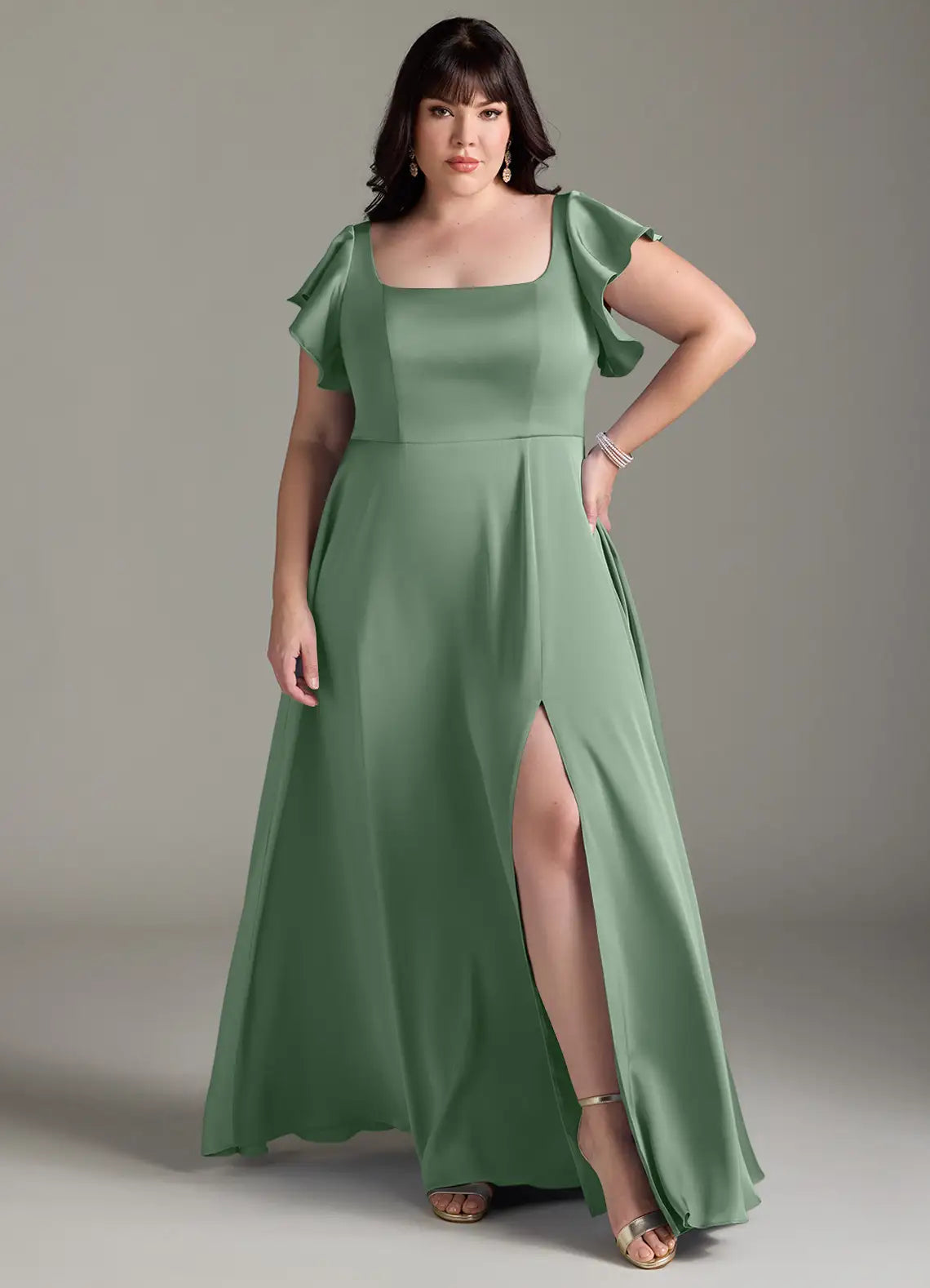 Ruffle Sleeve Tie-Back Slit Floor-Length Plus Size Bridesmaid Dress