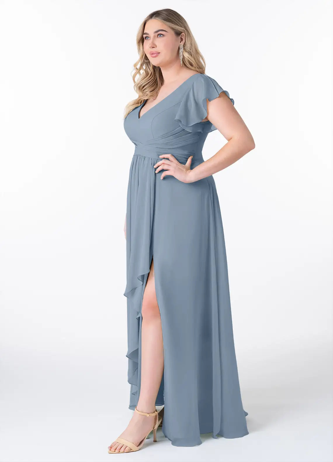 Ruffle Sleeve V-Neck Slit Floor-Length Bridesmaid Dress