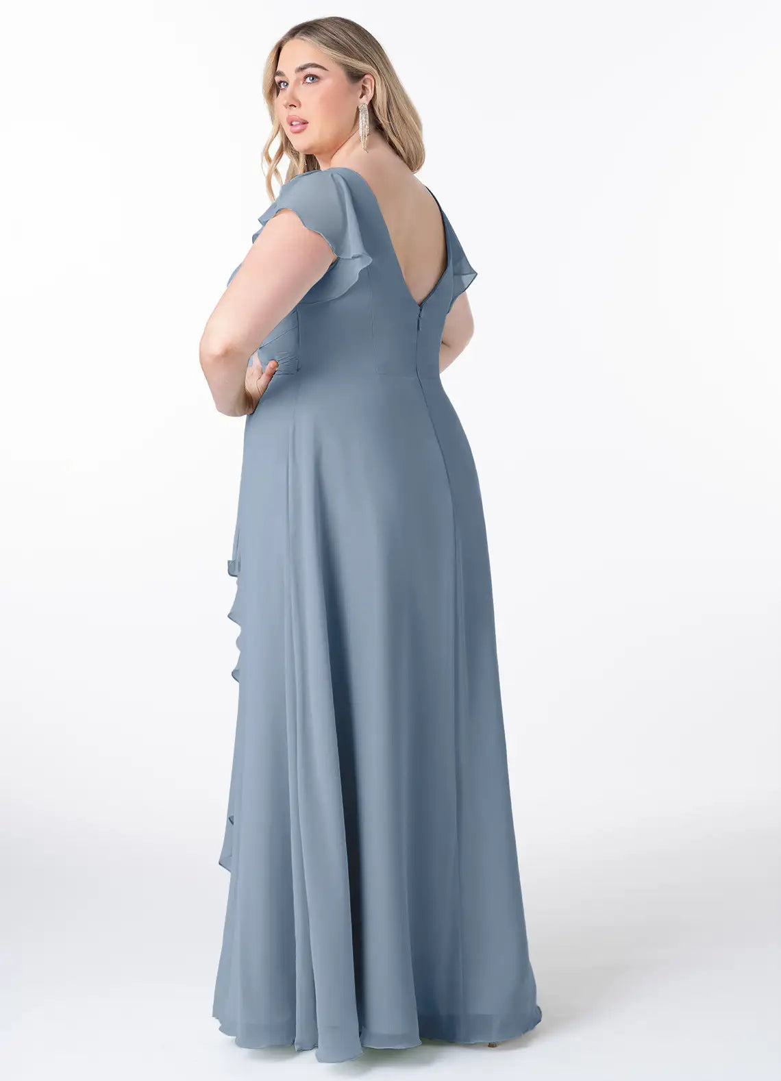 Ruffle Sleeve V-Neck Slit Floor-Length Bridesmaid Dress