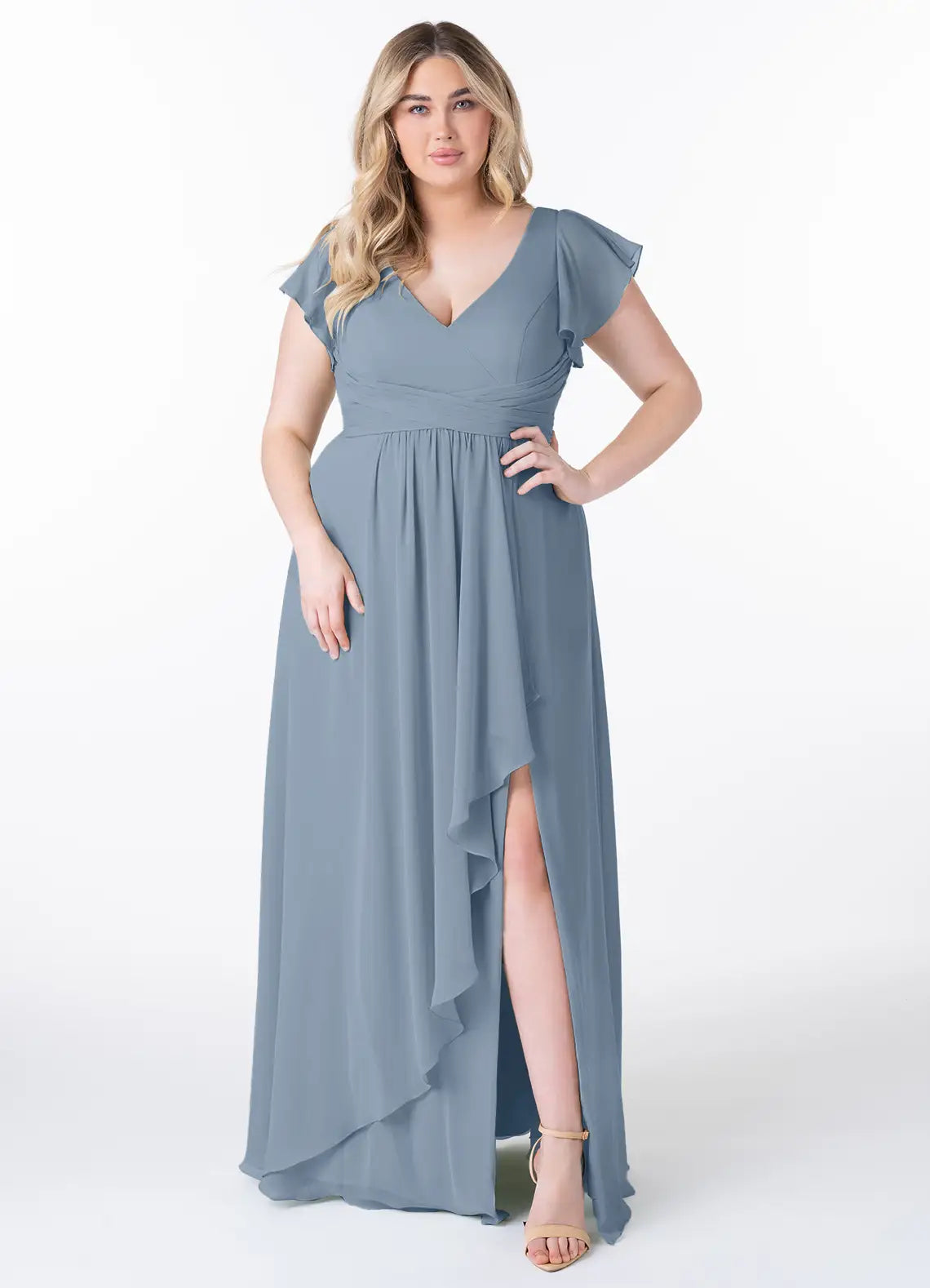 Ruffle Sleeve V-Neck Slit Floor-Length Bridesmaid Dress