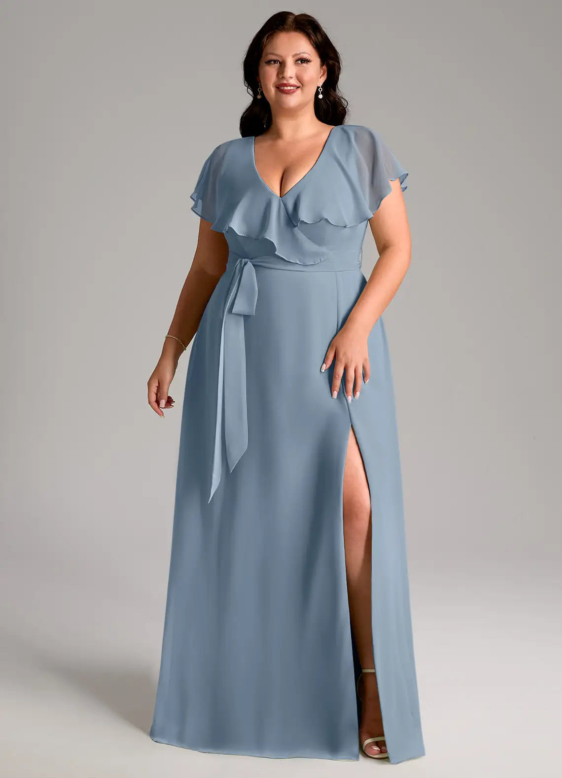 Ruffle Sleeve V-Neck Slit Floor-Length Plus Size Bridesmaid Dress