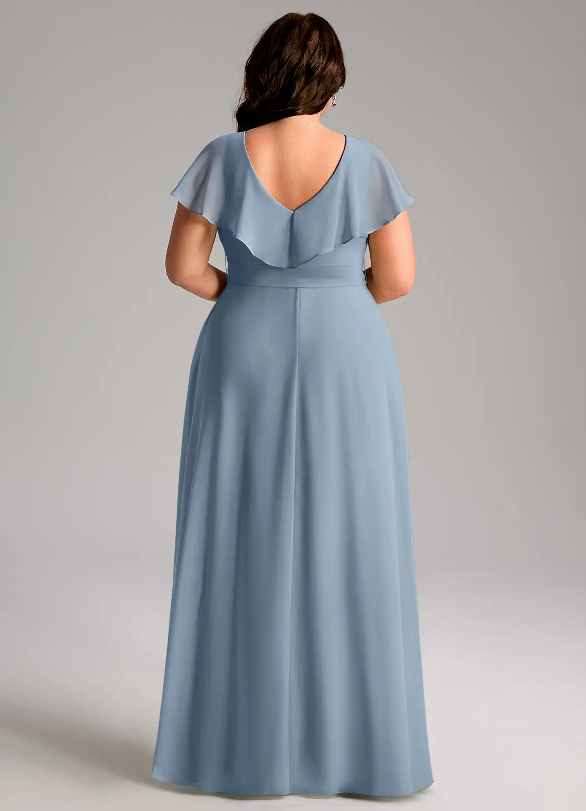 Ruffle Sleeve V-Neck Slit Floor-Length Plus Size Bridesmaid Dress