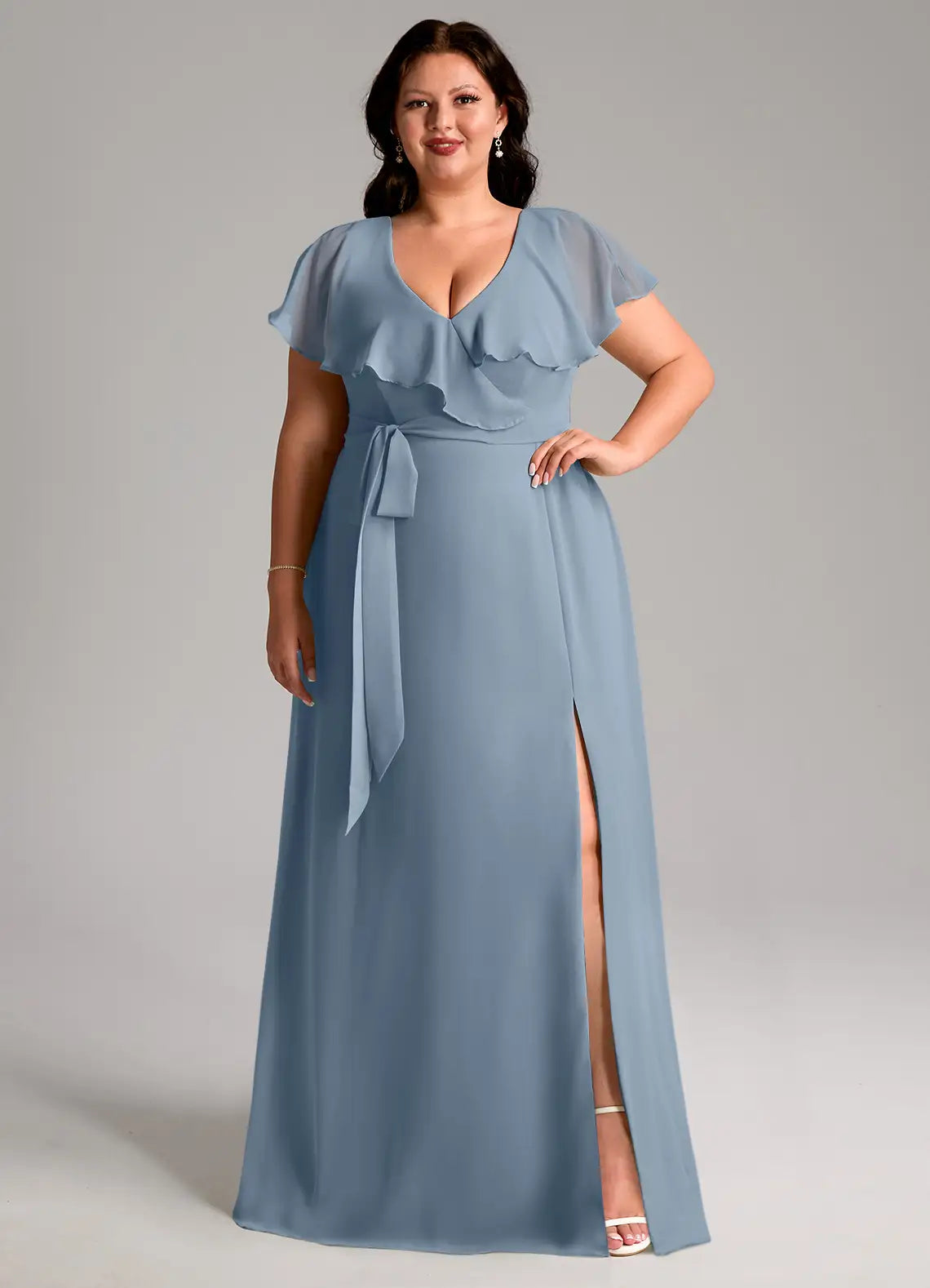 Ruffle Sleeve V-Neck Slit Floor-Length Plus Size Bridesmaid Dress