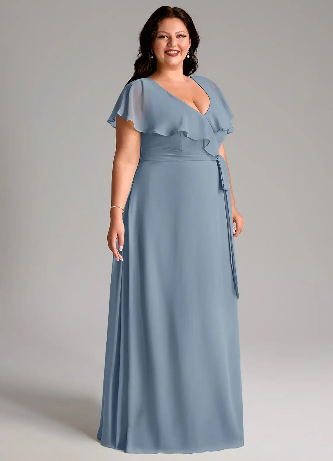 Ruffle Sleeve V-Neck Slit Floor-Length Plus Size Bridesmaid Dress