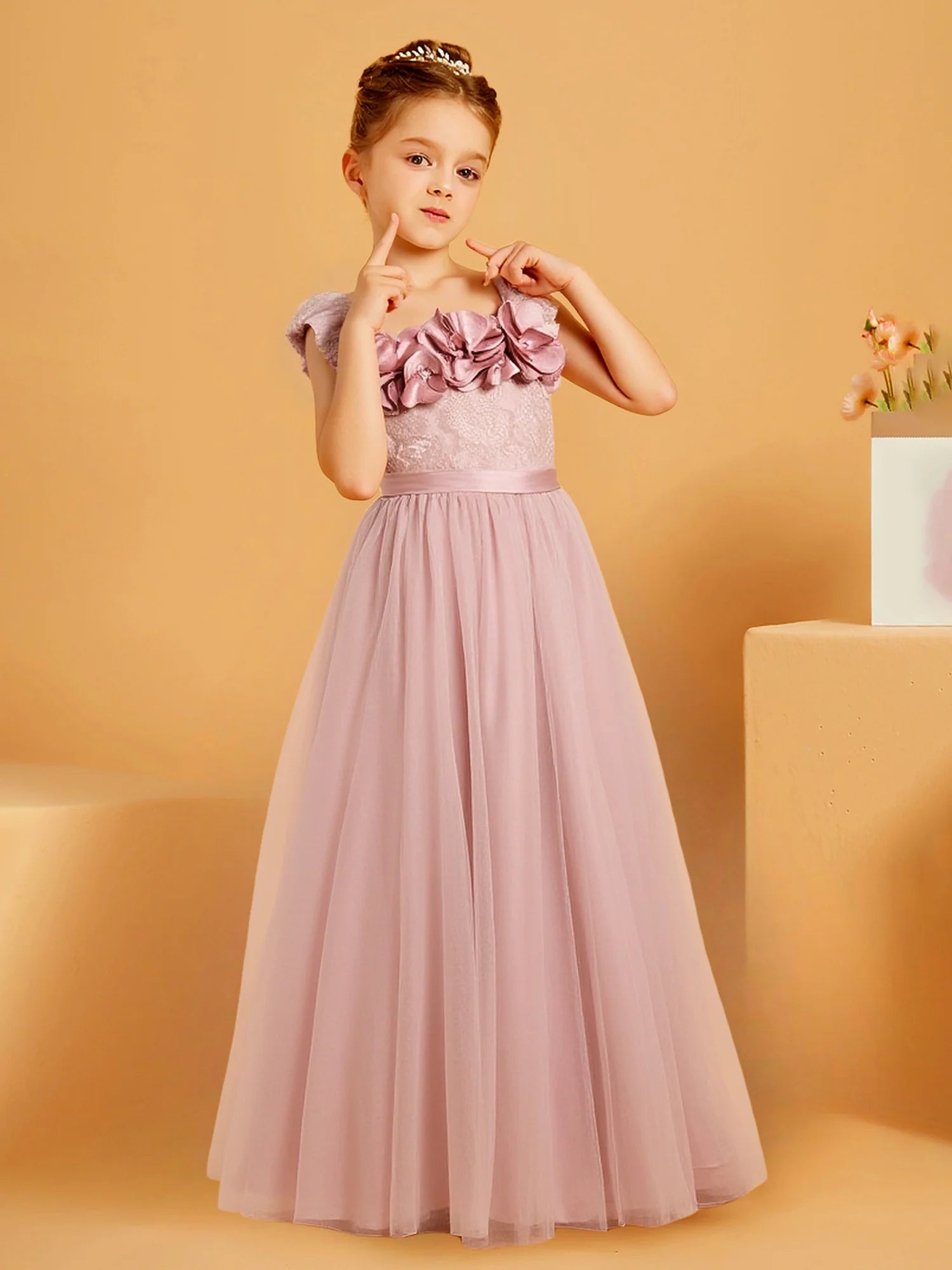 Ruffle Spaghetti Strap 3D Floral V Back Oversized Satin Bow Dusty Pink Tulle Maxi Flower Girl Dresses