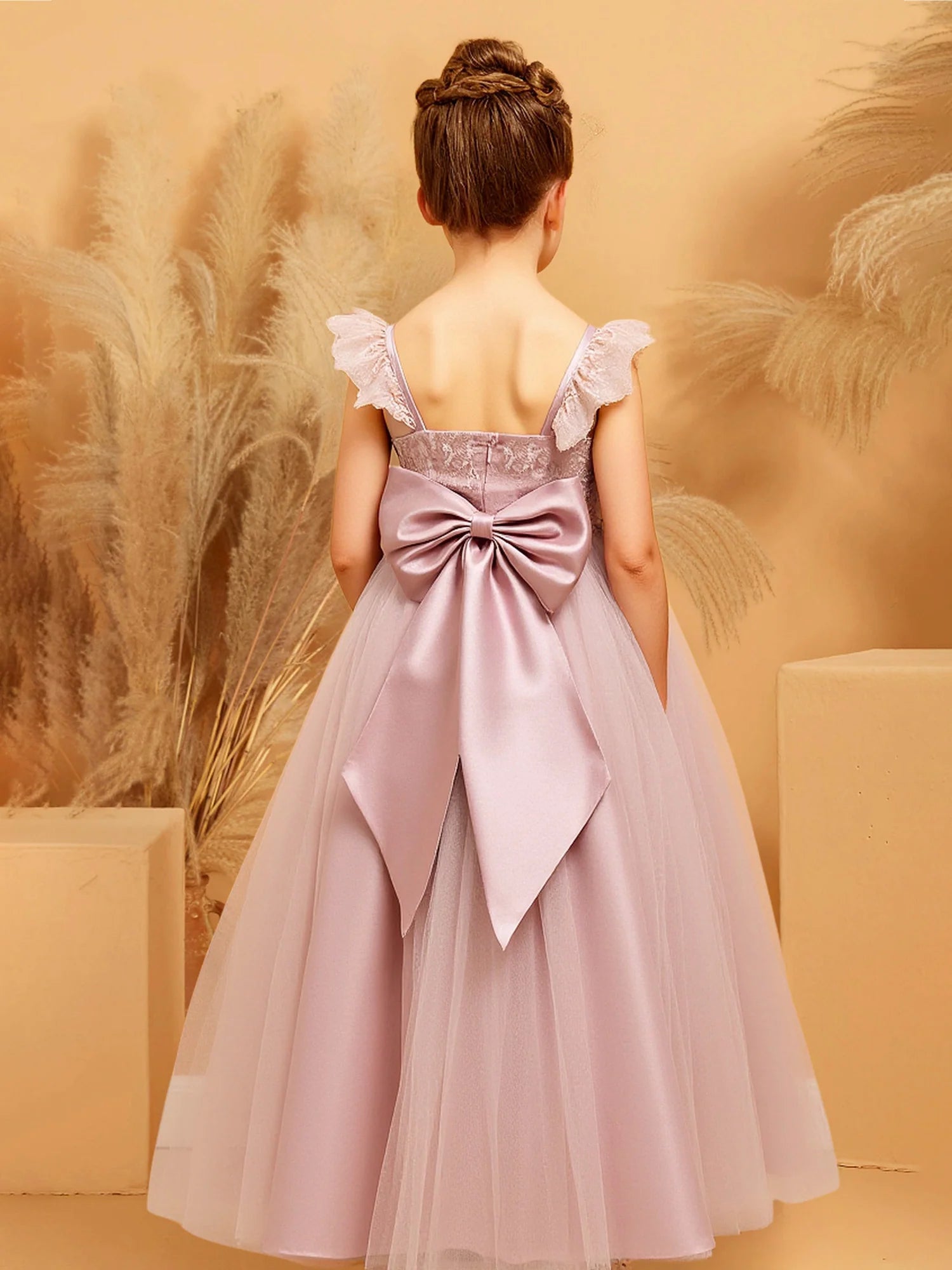 Ruffle Spaghetti Strap 3D Floral V Back Oversized Satin Bow Dusty Pink Tulle Maxi Flower Girl Dresses