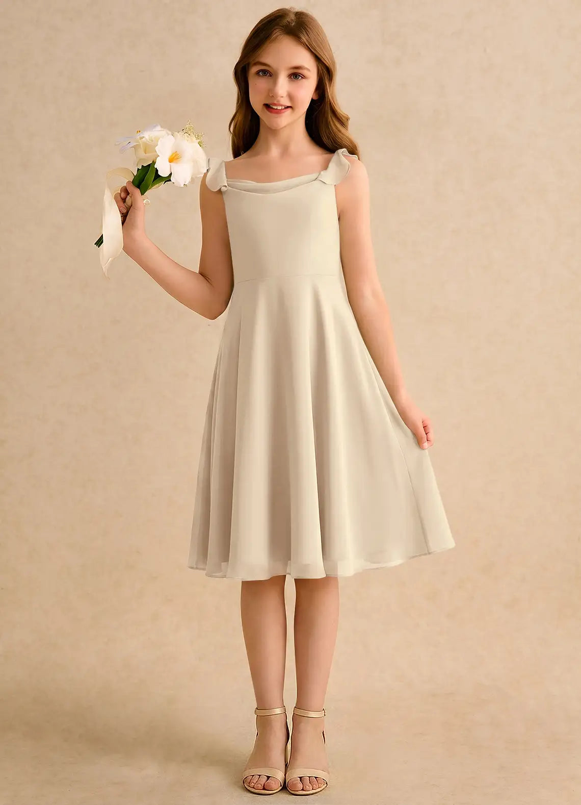 Ruffle Strap Cowl Neck Champagne Chiffon Knee-Length Junior Bridesmaid Dresses