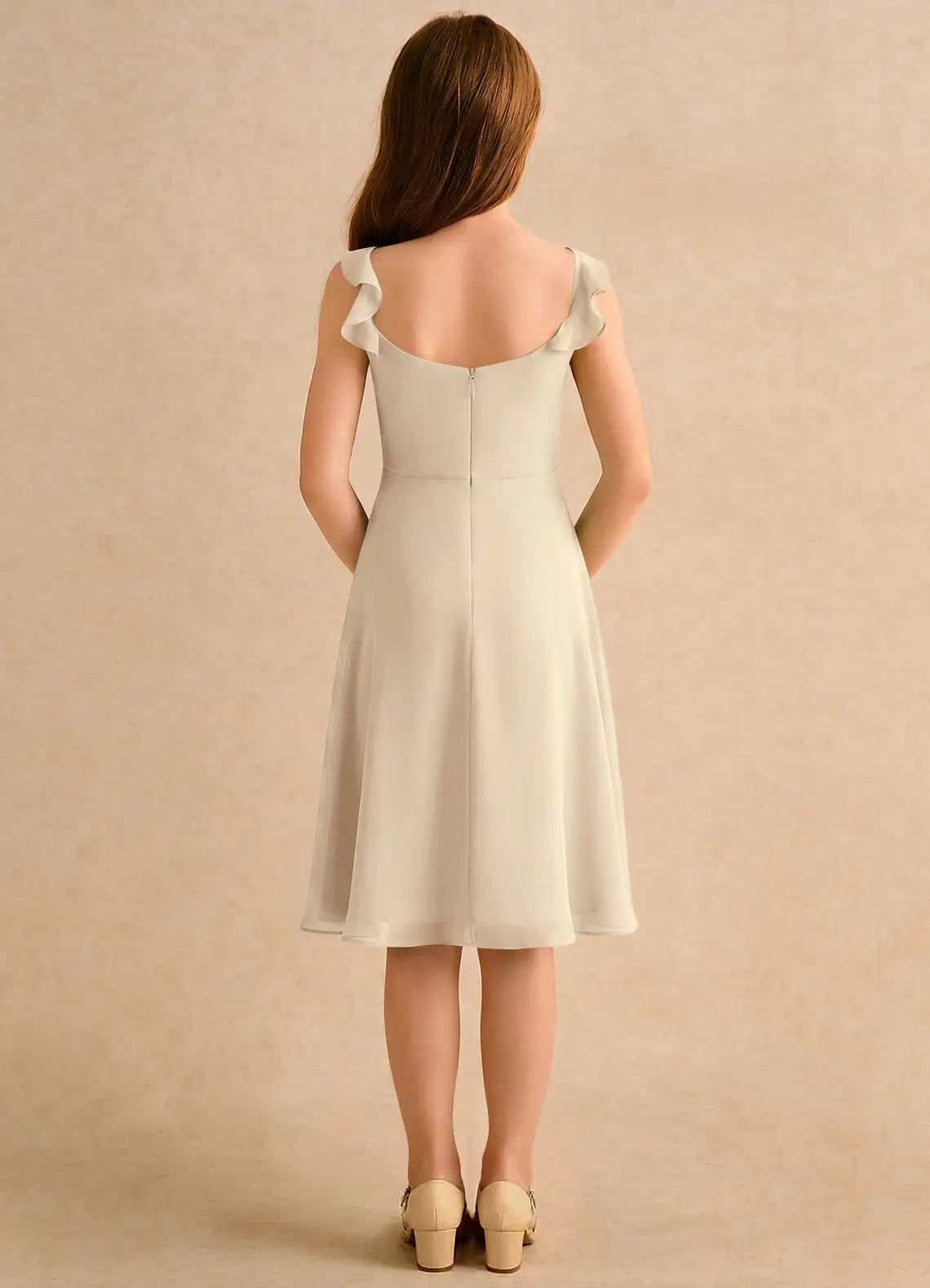 Ruffle Strap Cowl Neck Champagne Chiffon Knee-Length Junior Bridesmaid Dresses