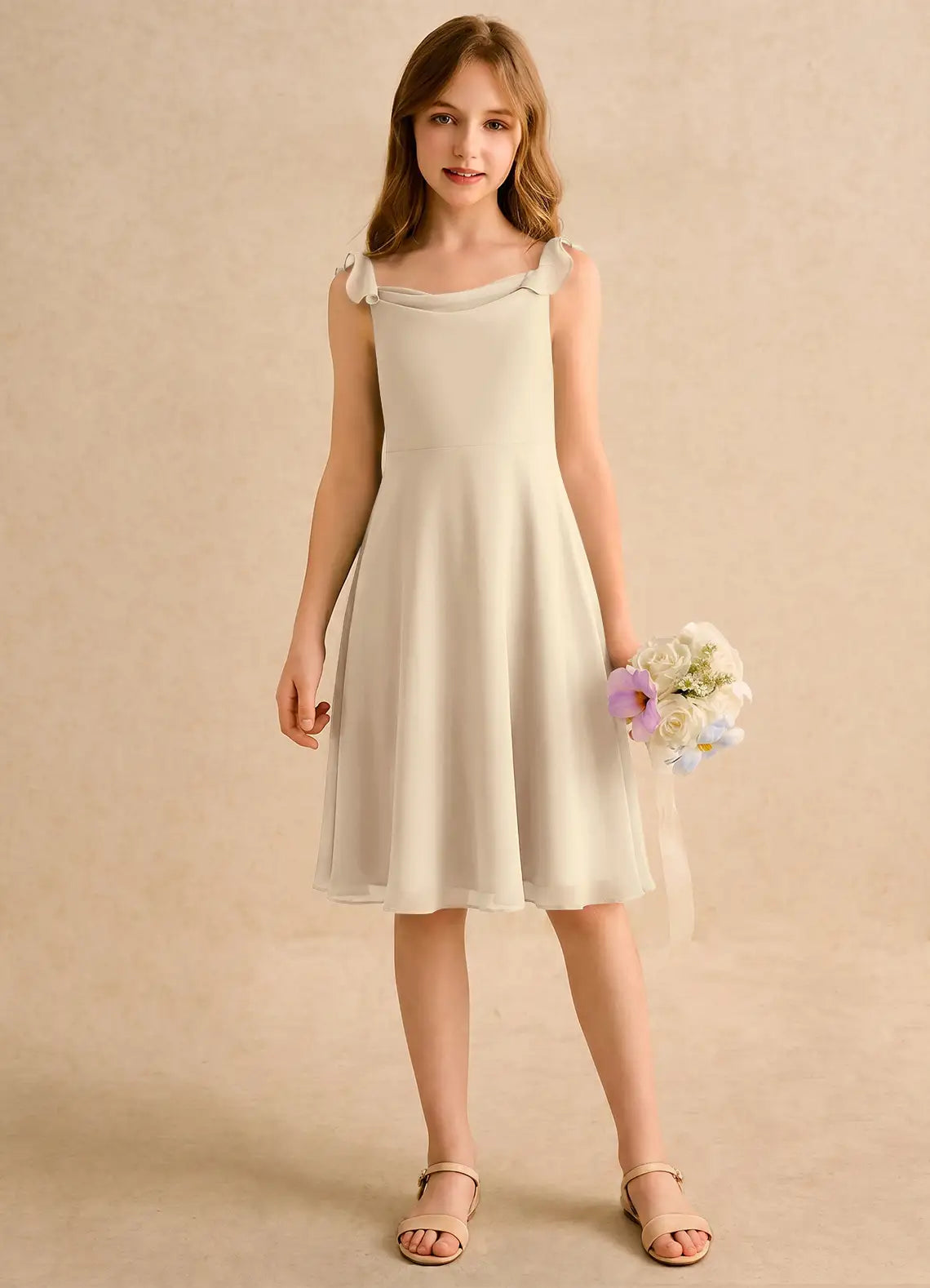 Ruffle Strap Cowl Neck Champagne Chiffon Knee-Length Junior Bridesmaid Dresses