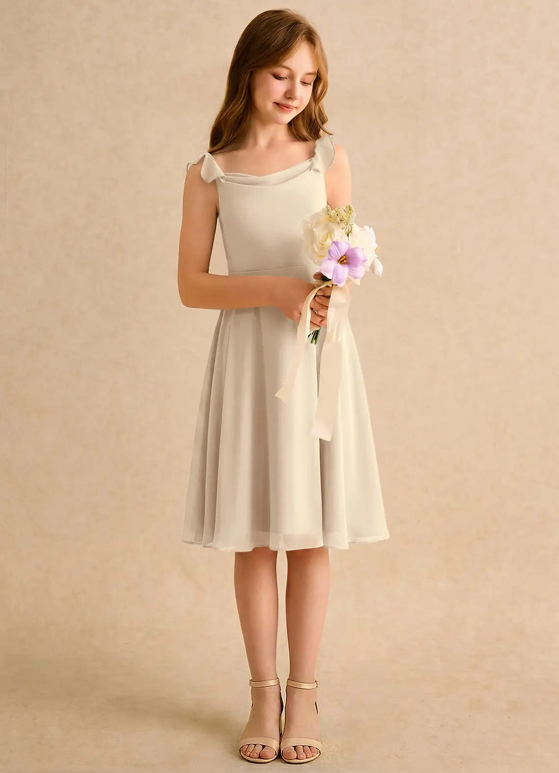 Ruffle Strap Cowl Neck Champagne Chiffon Knee-Length Junior Bridesmaid Dresses