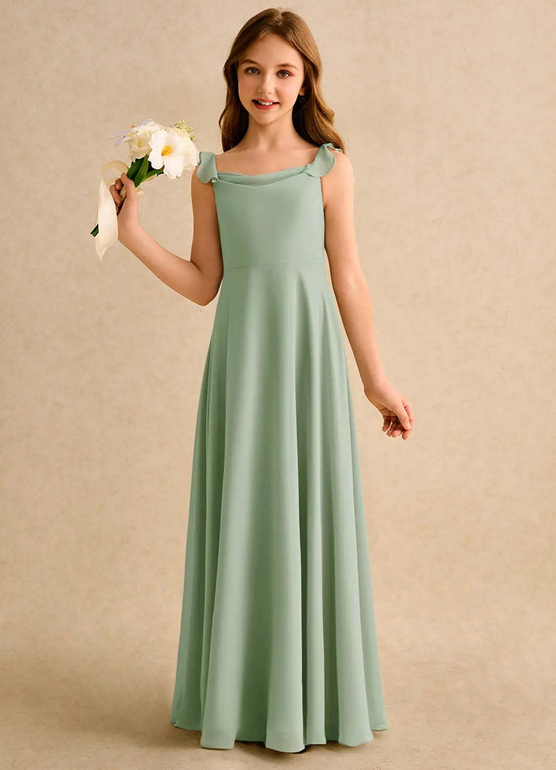 Ruffle Strap Cowl Neck Simple Sage Green Chiffon Full-Length Junior Bridesmaid Dresses