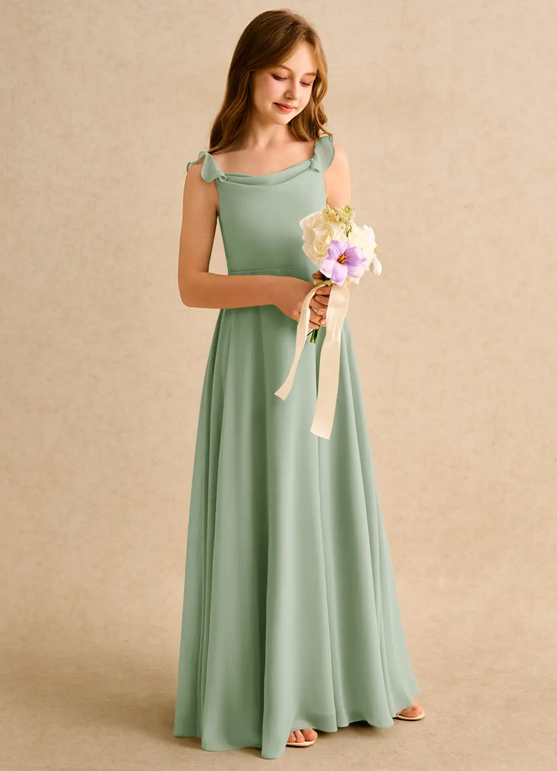Ruffle Strap Cowl Neck Simple Sage Green Chiffon Full-Length Junior Bridesmaid Dresses