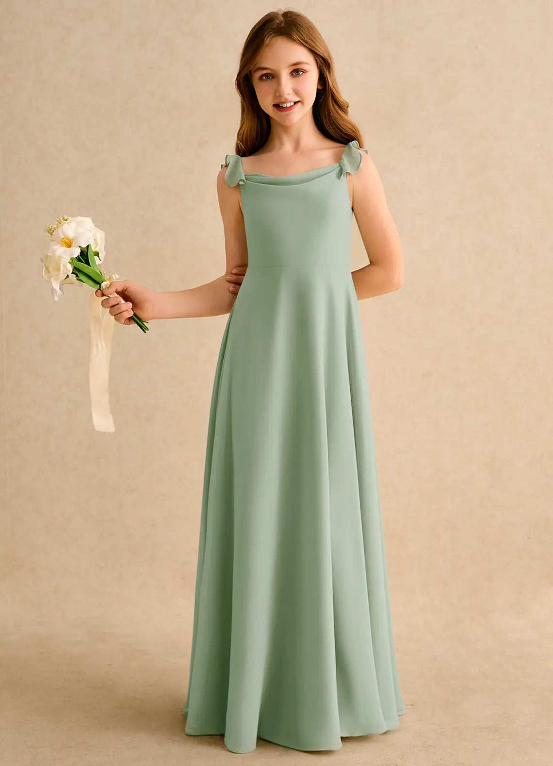 Ruffle Strap Cowl Neck Simple Sage Green Chiffon Full-Length Junior Bridesmaid Dresses