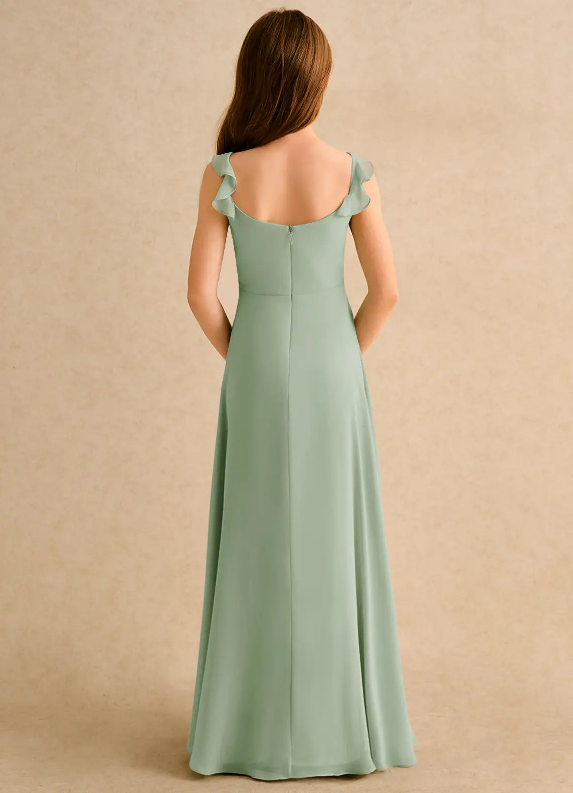 Ruffle Strap Cowl Neck Simple Sage Green Chiffon Full-Length Junior Bridesmaid Dresses