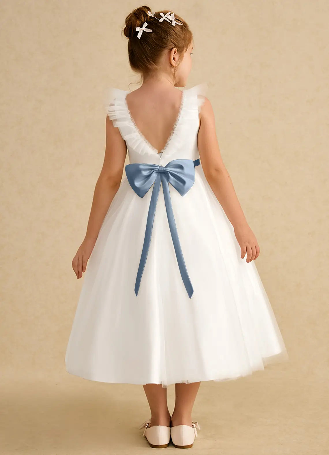 Ruffle Strap Round V Back Giant Blue Satin Bow White Tulle Midi Flower Girl Dresses