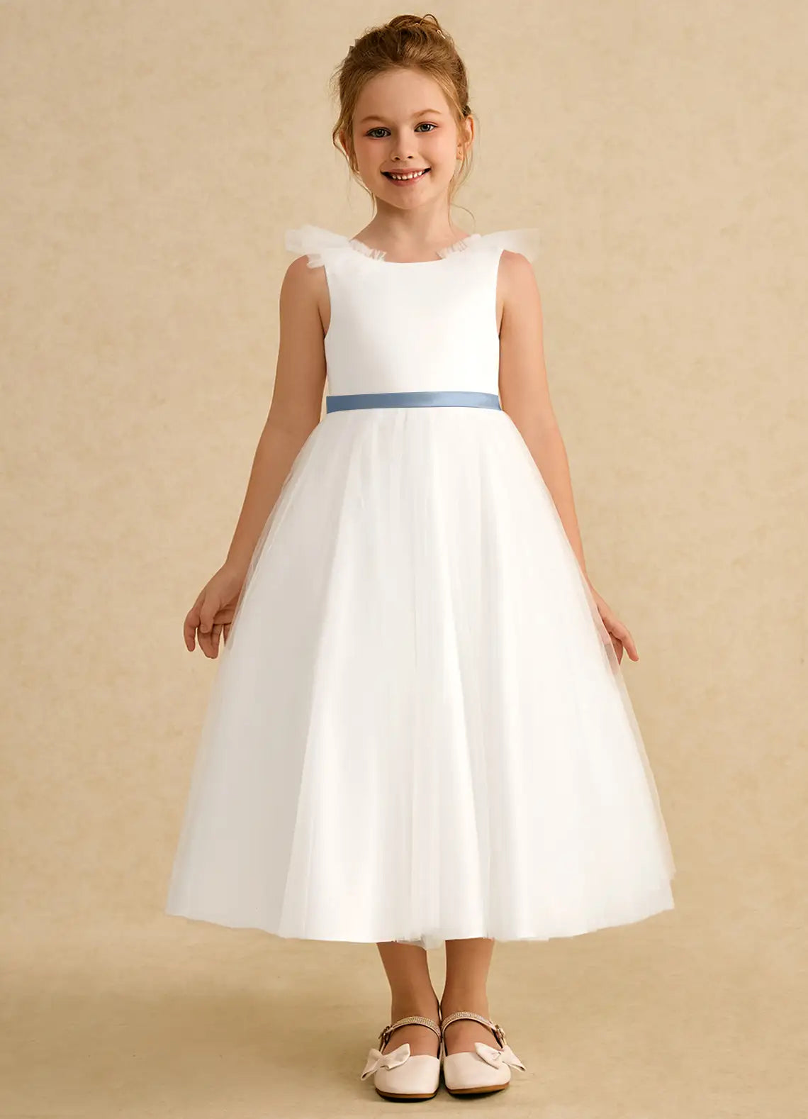 Ruffle Strap Round V Back Giant Blue Satin Bow White Tulle Midi Flower Girl Dresses