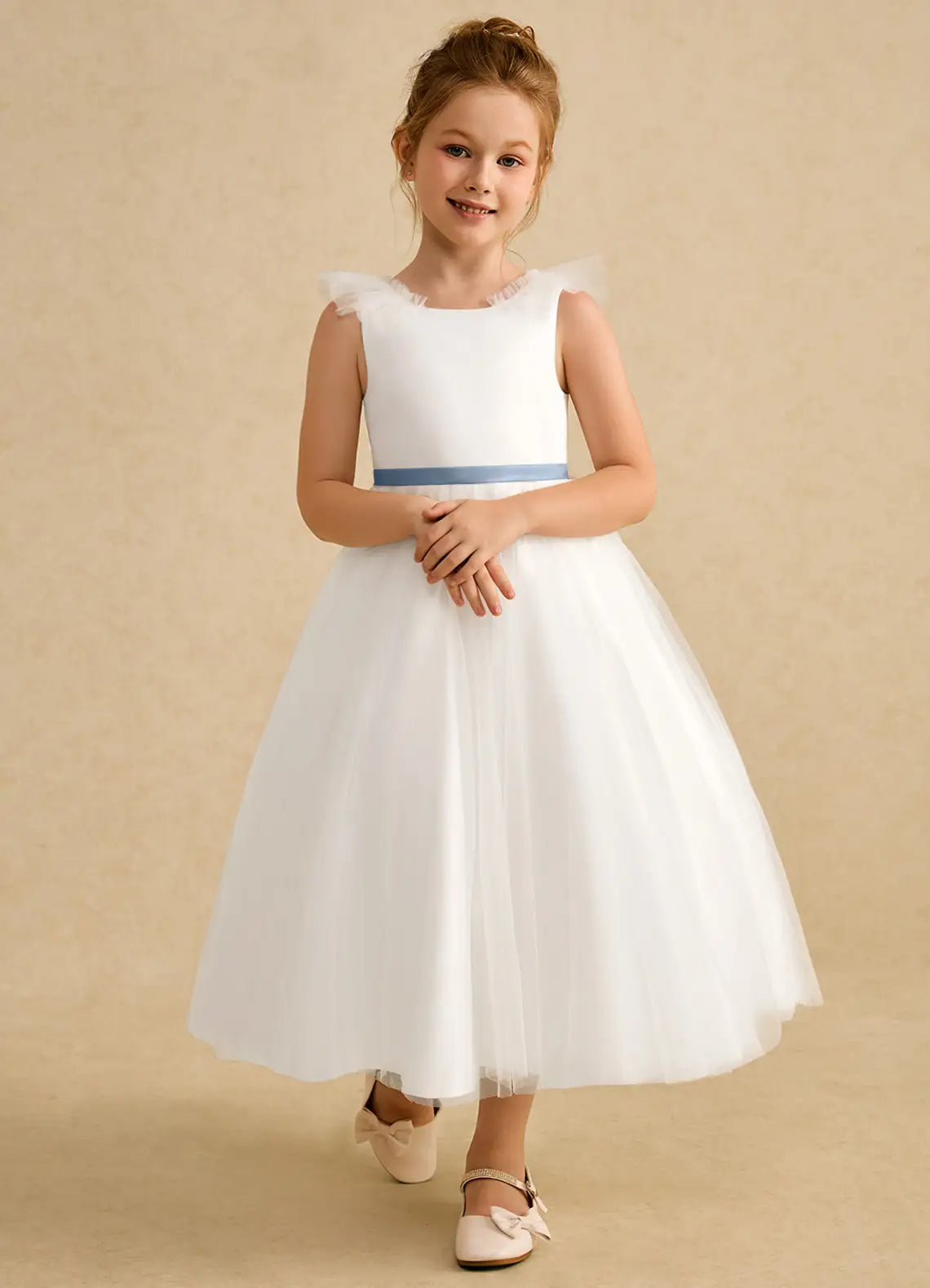 Ruffle Strap Round V Back Giant Blue Satin Bow White Tulle Midi Flower Girl Dresses