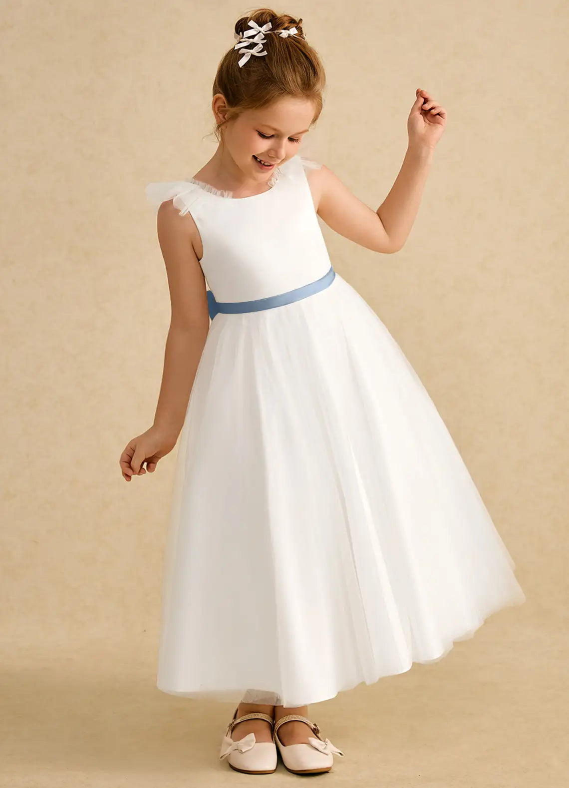 Ruffle Strap Round V Back Giant Blue Satin Bow White Tulle Midi Flower Girl Dresses