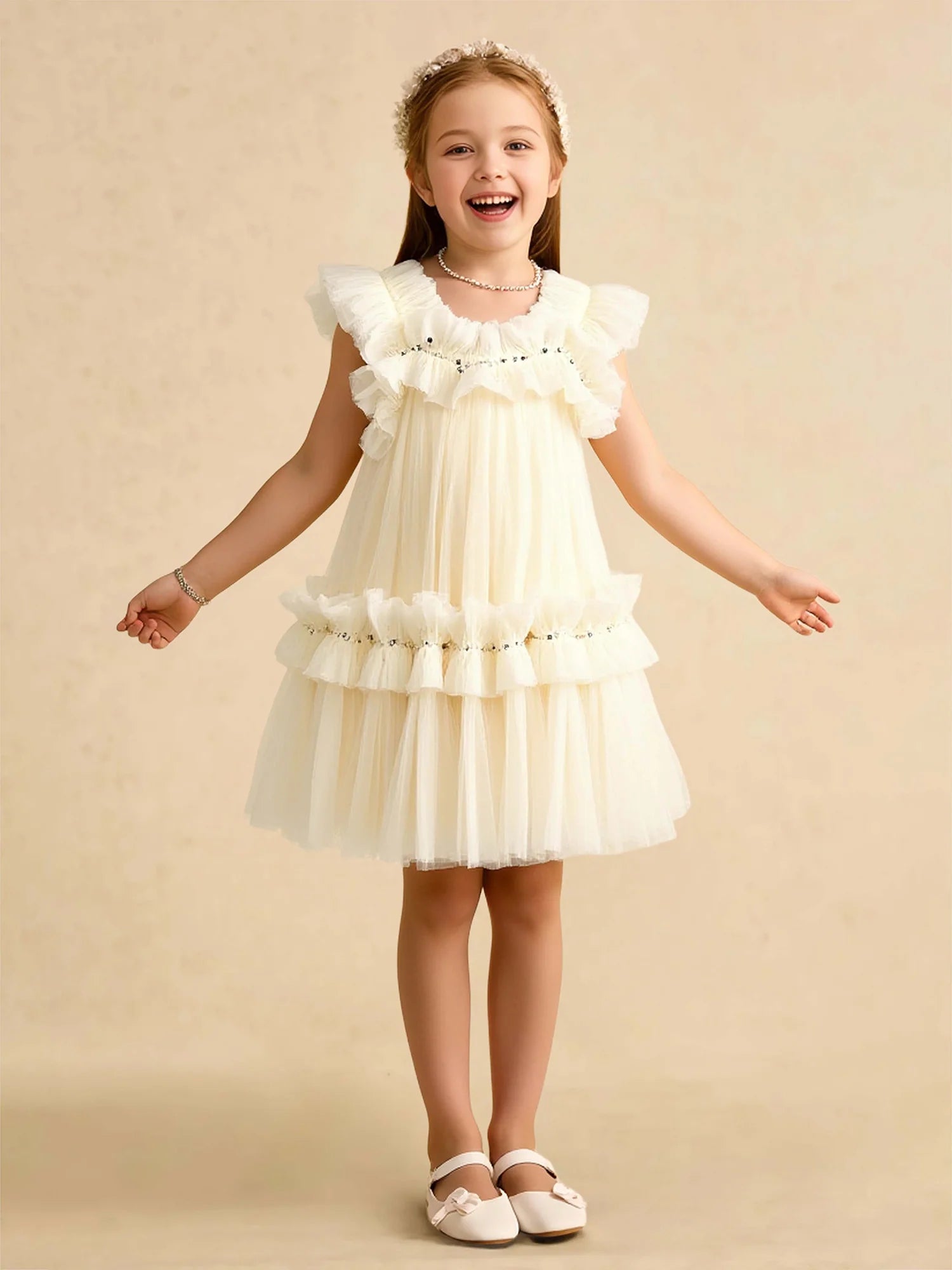 Ruffle Strap Round V Back Rhinestone Tiered Cream Tulle Short Flower Girl Dresses