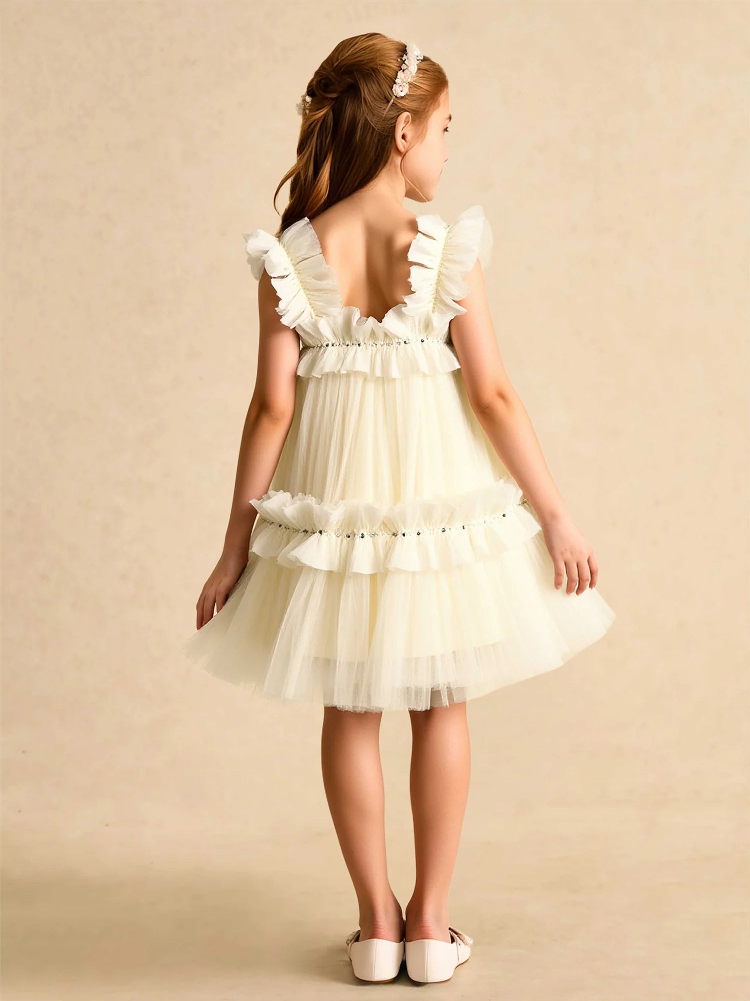 Ruffle Strap Round V Back Rhinestone Tiered Cream Tulle Short Flower Girl Dresses