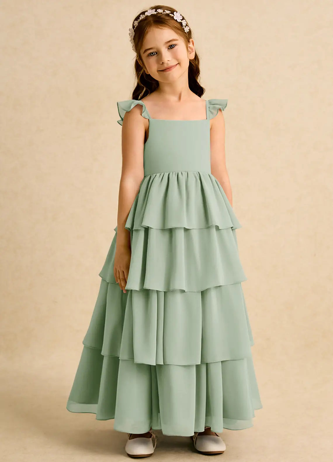 Ruffle Strap Square Back Tiered Sage Chiffon Full Length Junior Bridesmaid Dresses