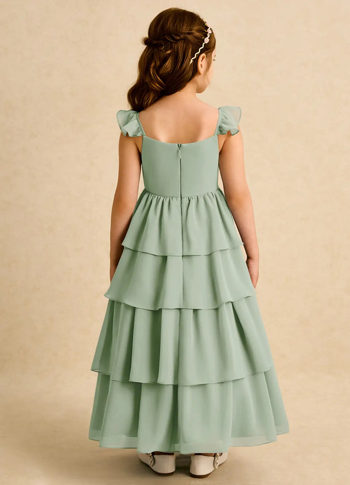 Ruffle Strap Square Back Tiered Sage Chiffon Full Length Junior Bridesmaid Dresses