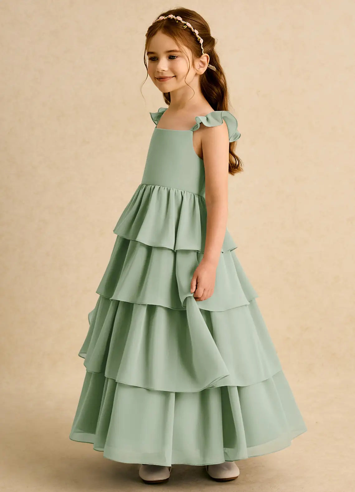 Ruffle Strap Square Back Tiered Sage Chiffon Full Length Junior Bridesmaid Dresses