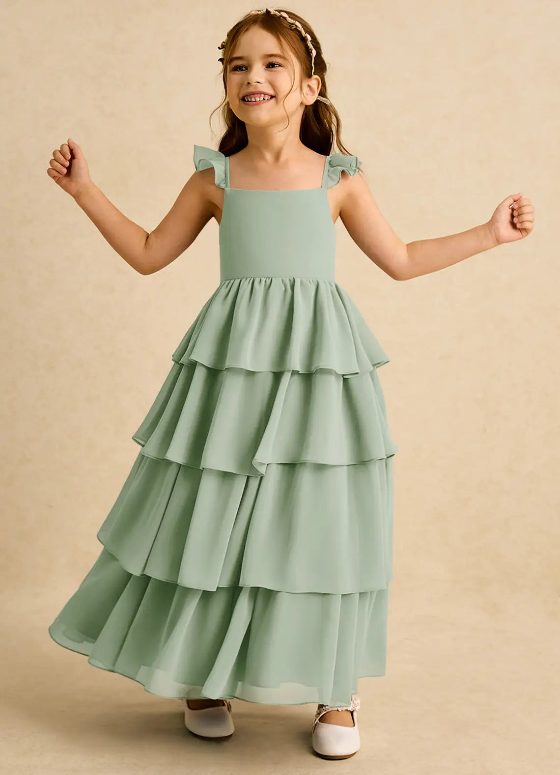 Ruffle Strap Square Back Tiered Sage Chiffon Full Length Junior Bridesmaid Dresses