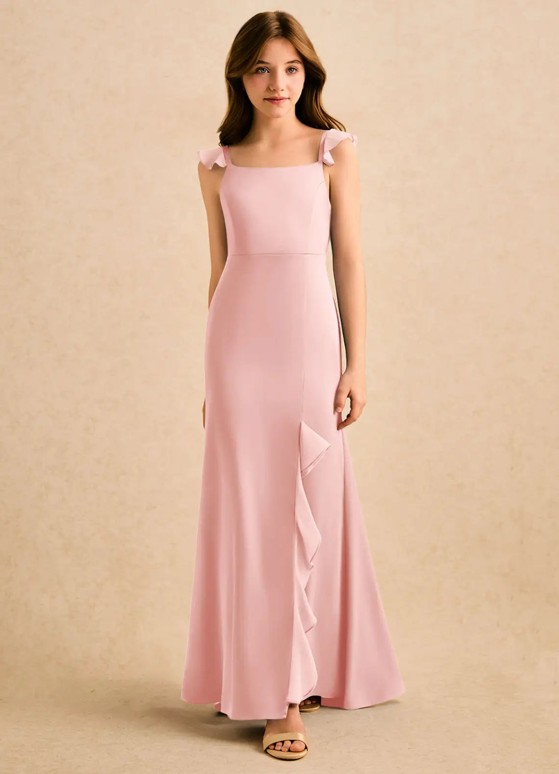 Ruffle Strap Square Cutout Bow Side Ruffle Slit Blush Chiffon Full Length Junior Bridesmaid Dresses