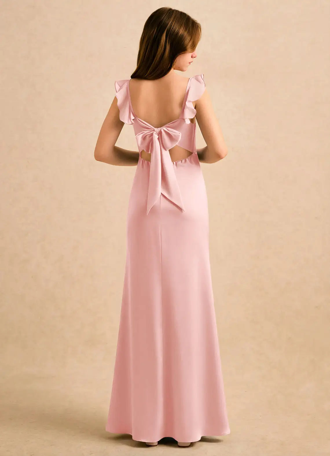 Ruffle Strap Square Cutout Bow Side Ruffle Slit Blush Chiffon Full Length Junior Bridesmaid Dresses