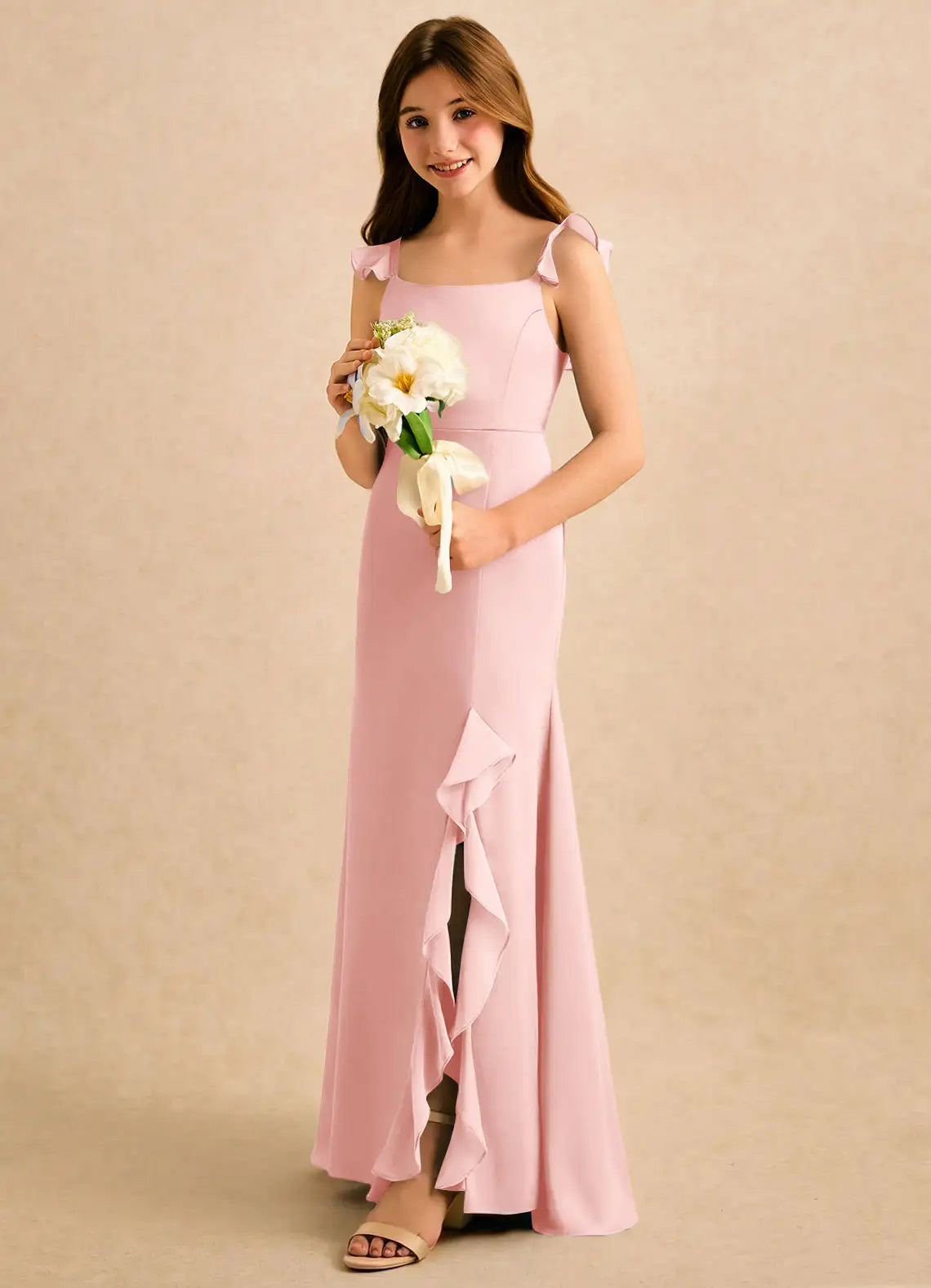 Ruffle Strap Square Cutout Bow Side Ruffle Slit Blush Chiffon Full Length Junior Bridesmaid Dresses