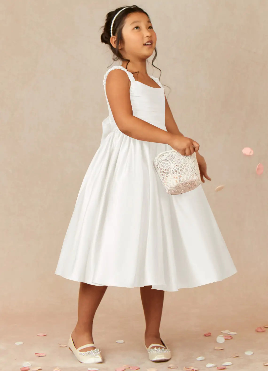 Ruffle Strap Square Neck Back Big Bow White Satin Midi Flower Girl Dresses