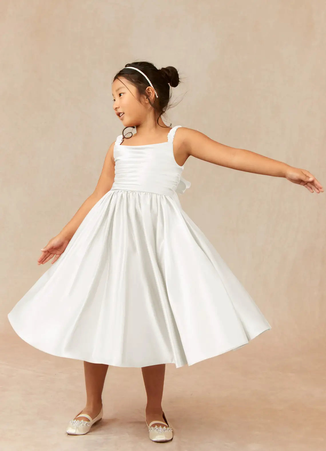Ruffle Strap Square Neck Back Big Bow White Satin Midi Flower Girl Dresses