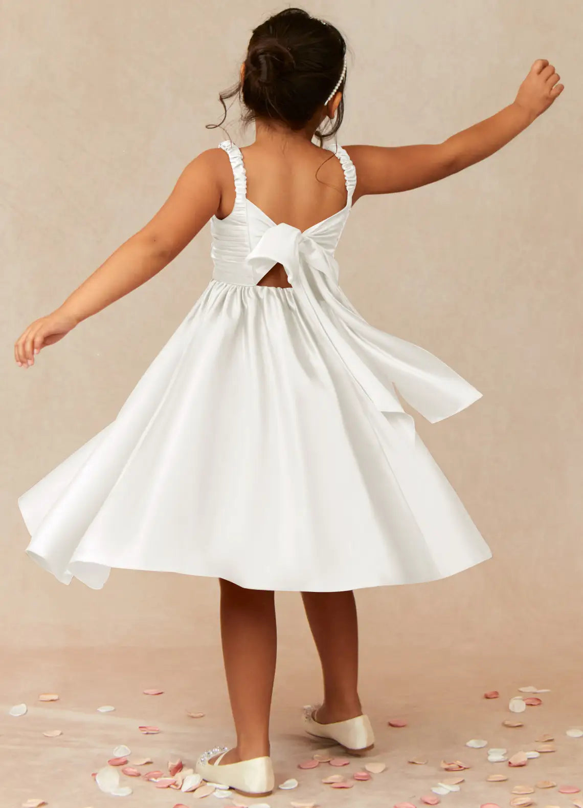 Ruffle Strap Square Neck Back Big Bow White Satin Midi Flower Girl Dresses