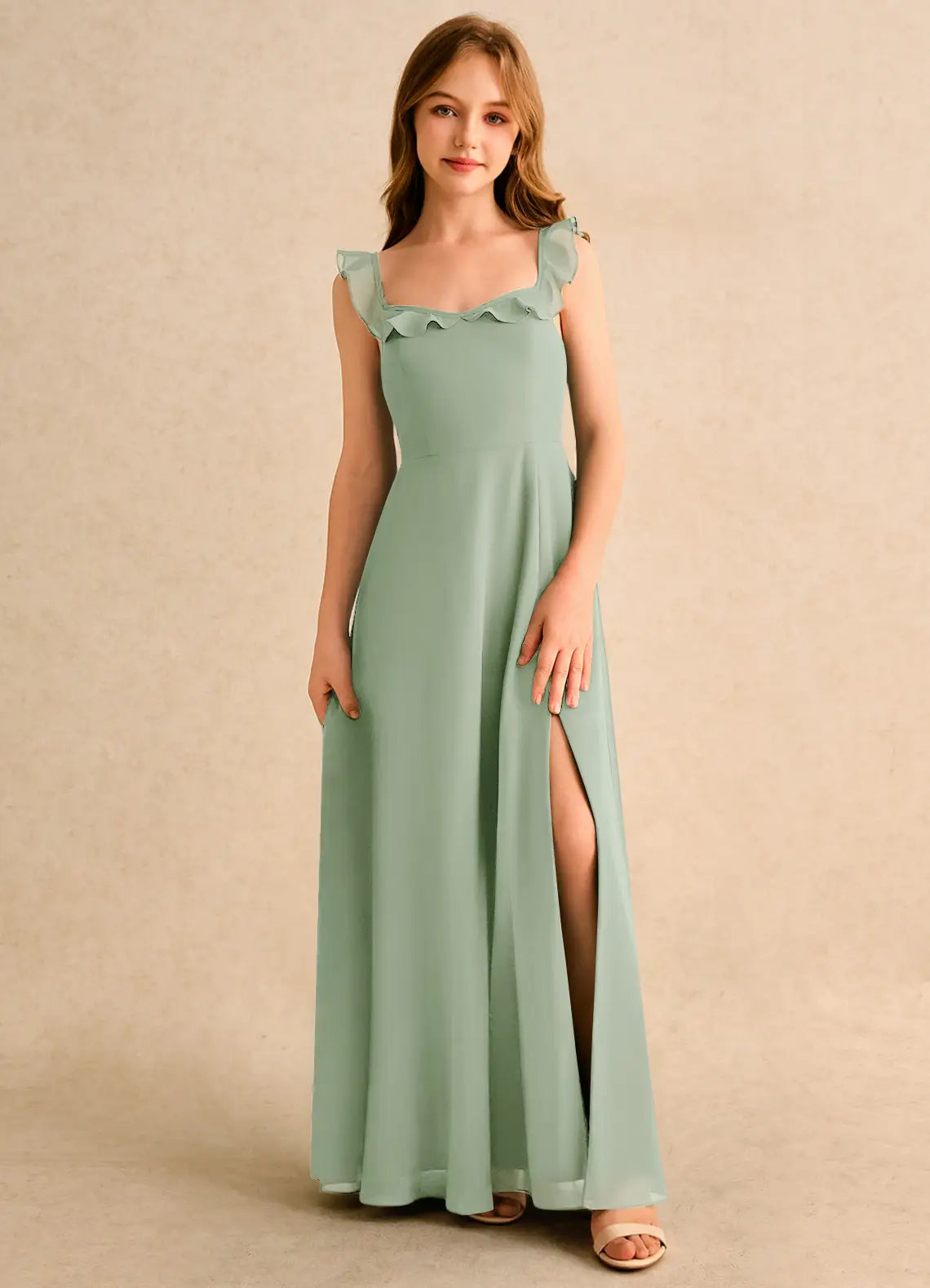Ruffle Strap Square Neck Back Slit Sage Green Chiffon Full-Length Junior Bridesmaid Dresses