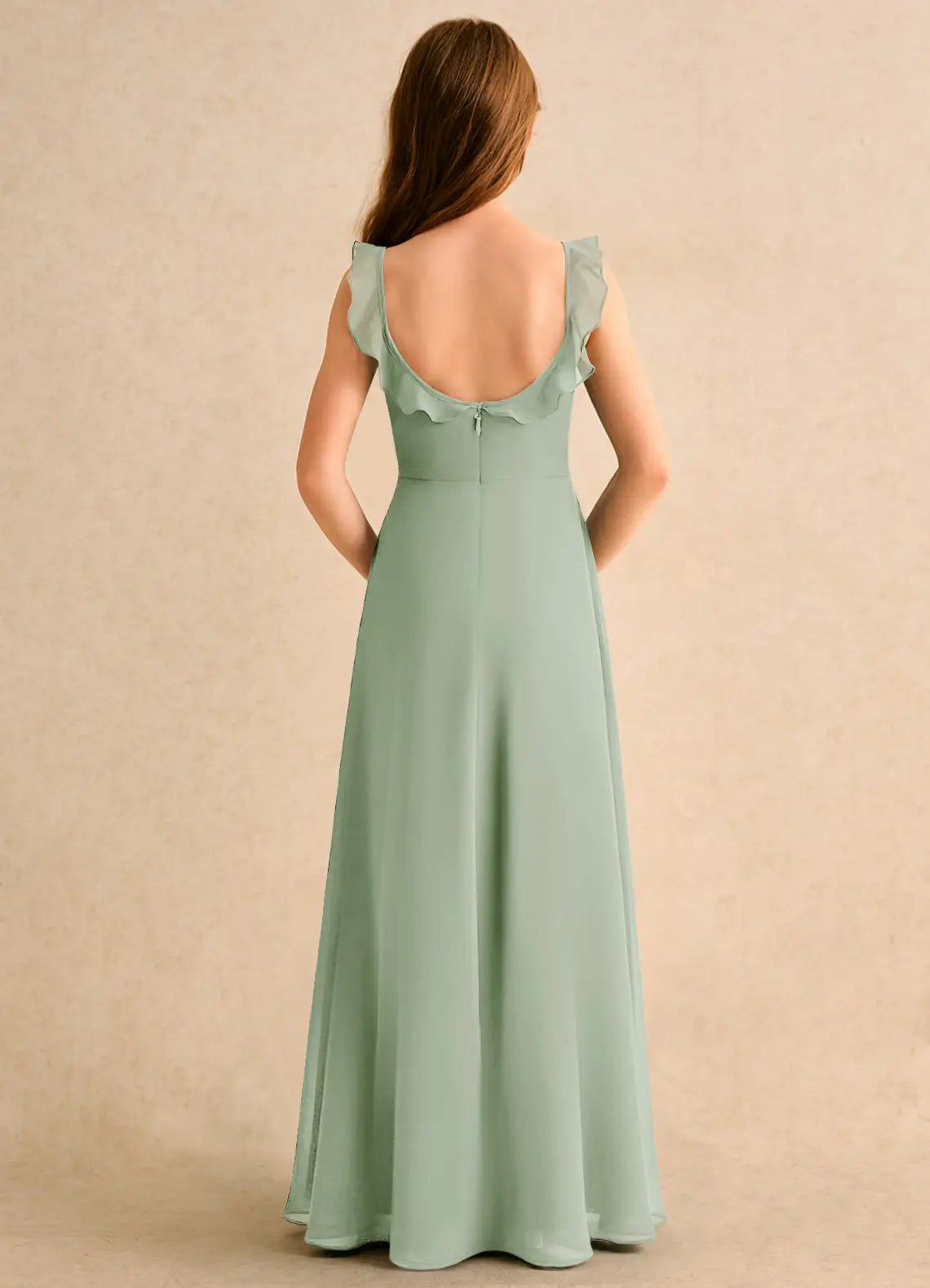 Ruffle Strap Square Neck Back Slit Sage Green Chiffon Full-Length Junior Bridesmaid Dresses