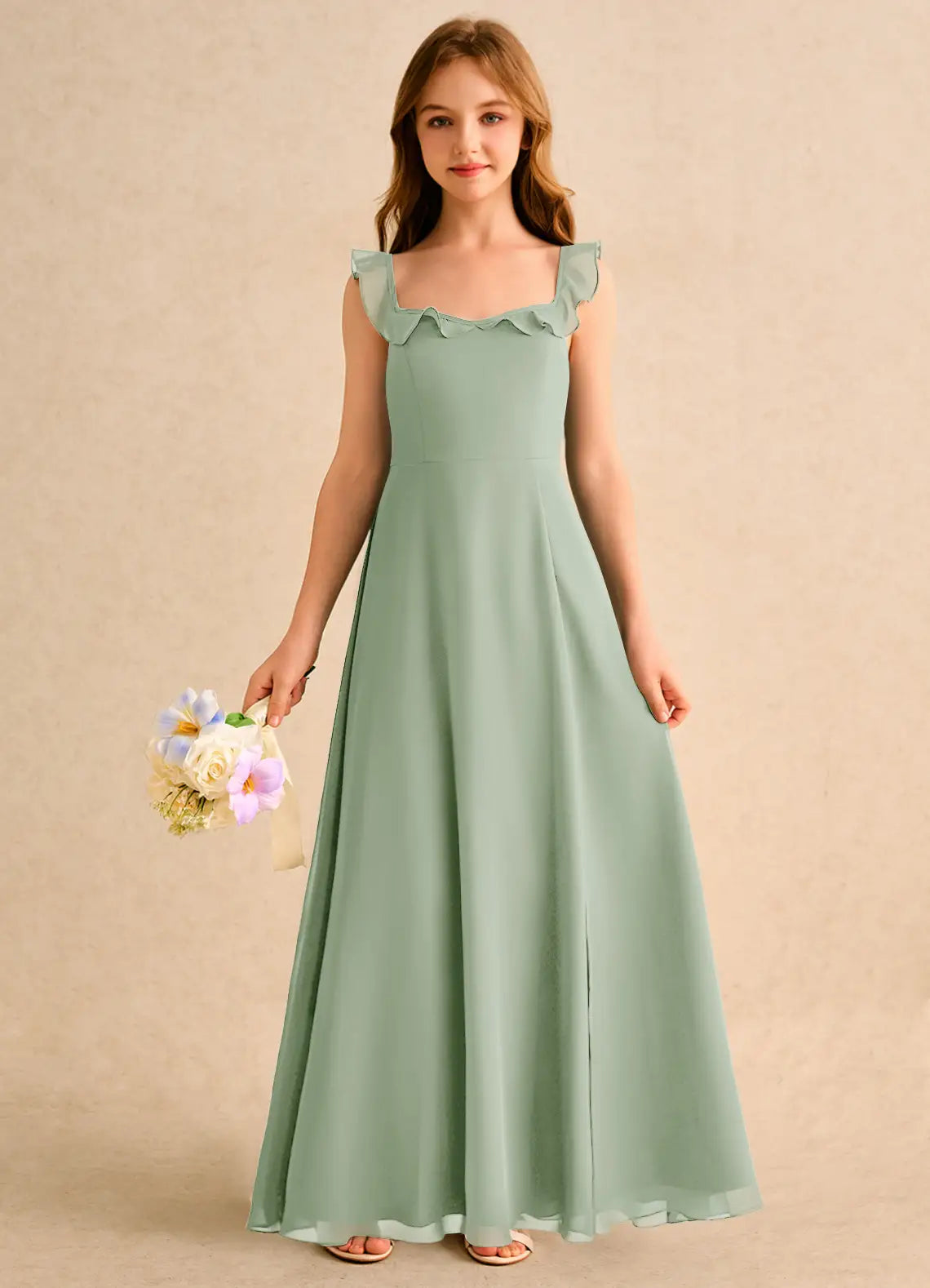 Ruffle Strap Square Neck Back Slit Sage Green Chiffon Full-Length Junior Bridesmaid Dresses