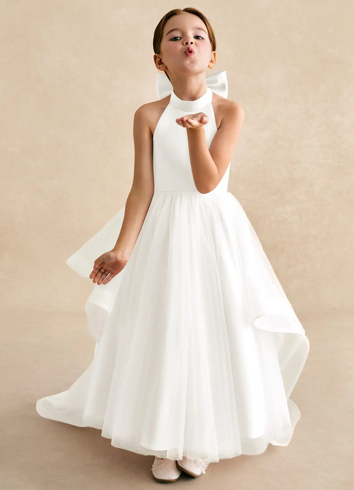 Ruffled A-Line Halter Neck Sleeveless Floor-Length Formal Flower Girl Dress