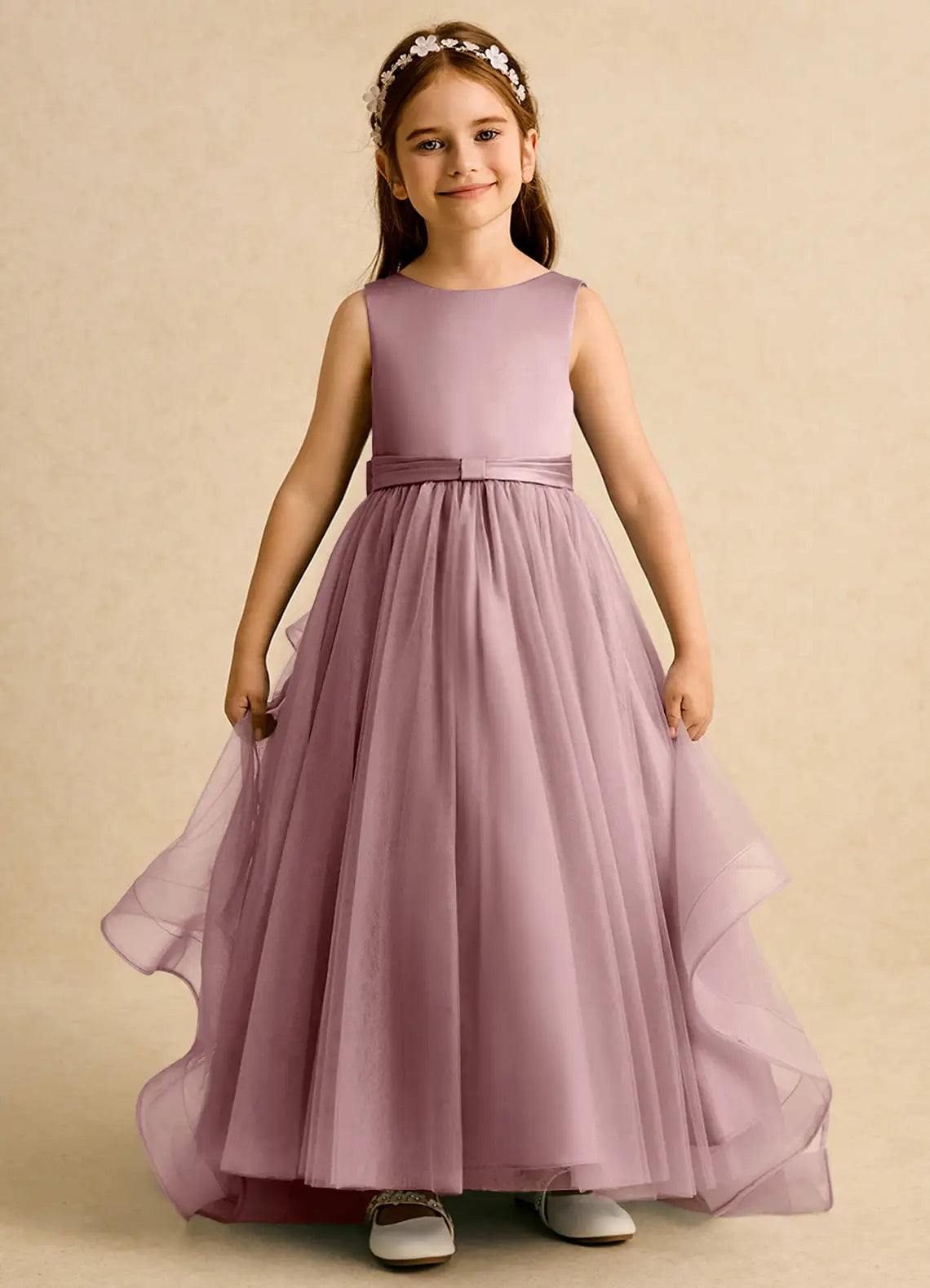 Ruffled A-Line Scoop Neck Sleeveless V-Back Floor-Length Formal Flower Girl Dress