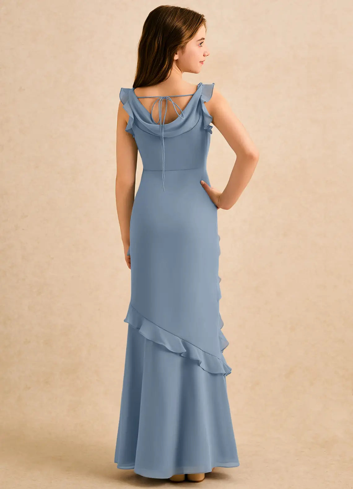 Ruffled Cap Sleeve Cowl Neck Dusty Blue Chiffon Full-Length Mermaid Junior Bridesmaid Dresses