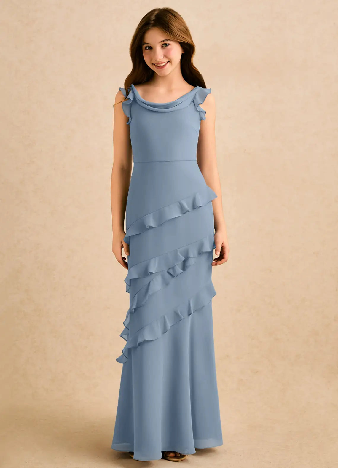 Ruffled Cap Sleeve Cowl Neck Dusty Blue Chiffon Full-Length Mermaid Junior Bridesmaid Dresses
