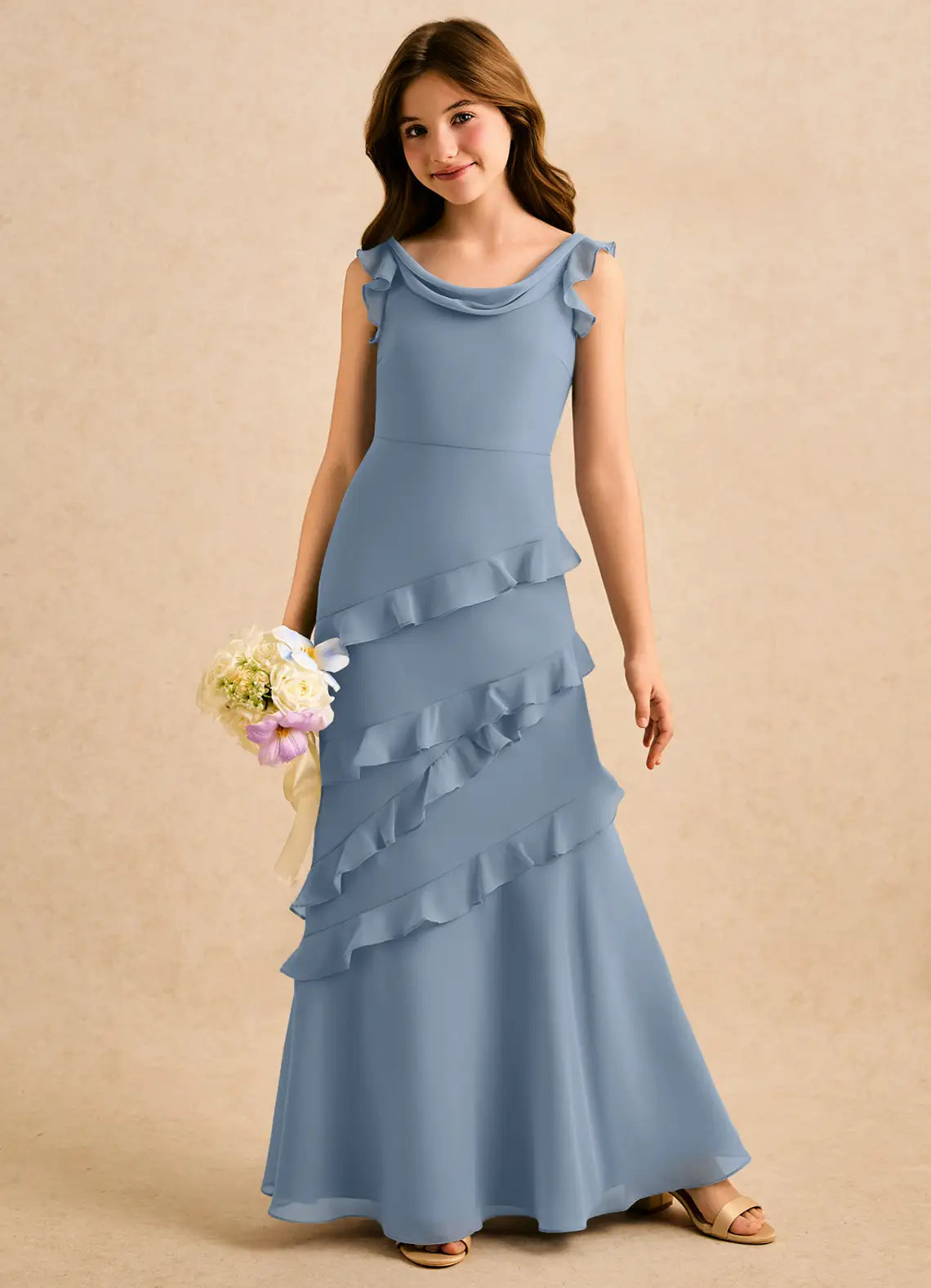 Ruffled Cap Sleeve Cowl Neck Dusty Blue Chiffon Full-Length Mermaid Junior Bridesmaid Dresses