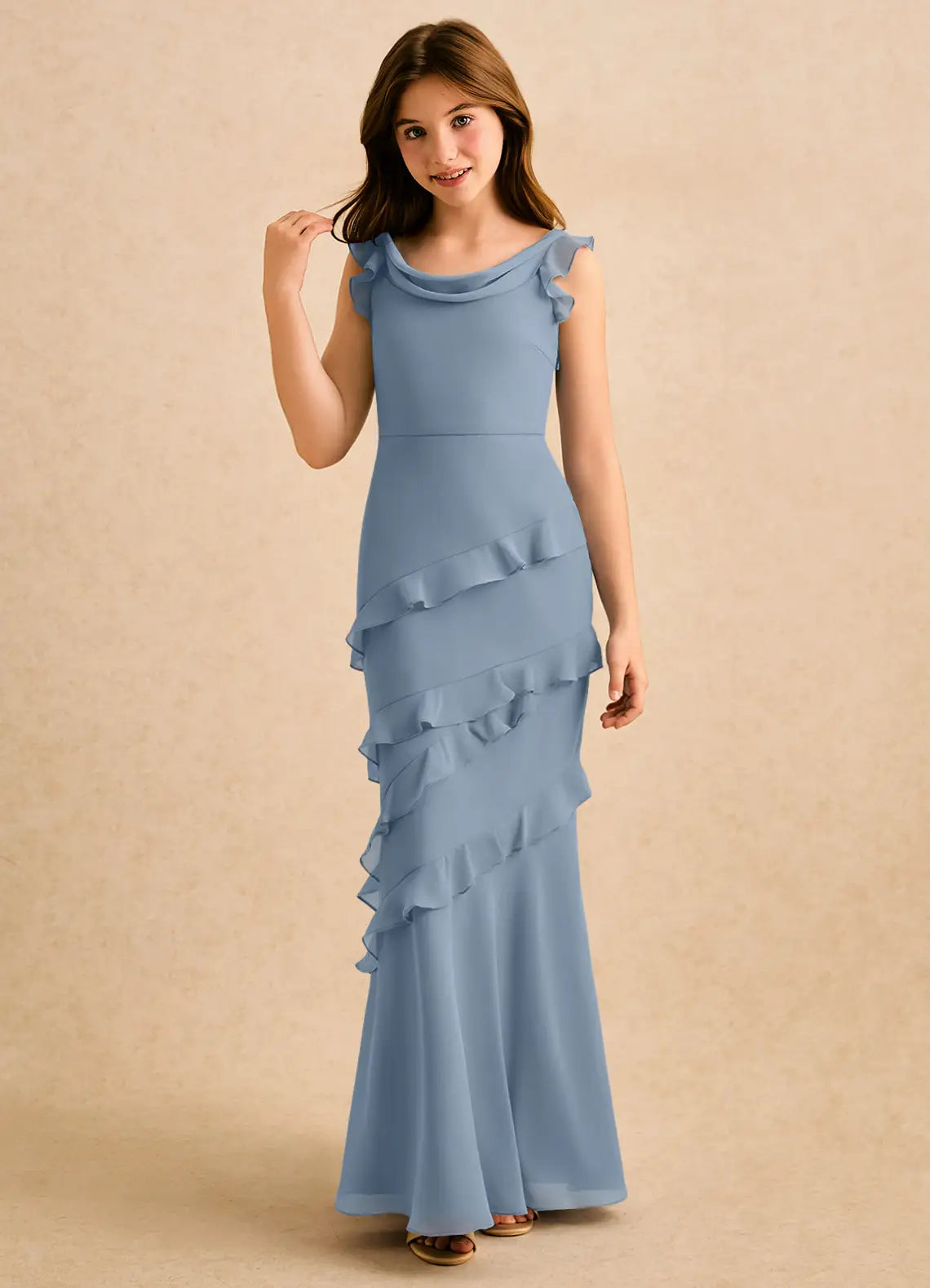 Ruffled Cap Sleeve Cowl Neck Dusty Blue Chiffon Full-Length Mermaid Junior Bridesmaid Dresses