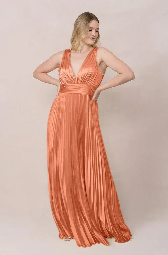 Rust Pleated V-Neck Sleeveless A-Line Bridesmaid Dress