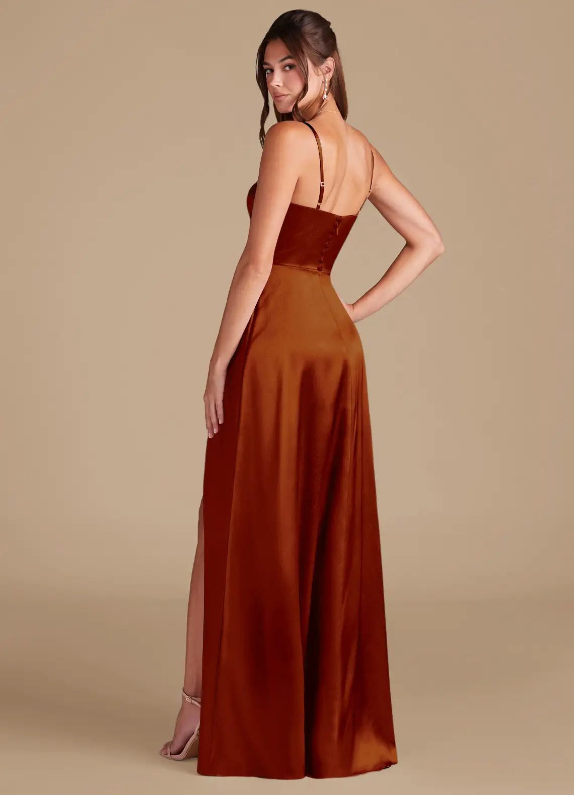 Rust Spaghetti Strap Square Neck High Slit Mermaid Maxi Satin Bridesmaid Dress