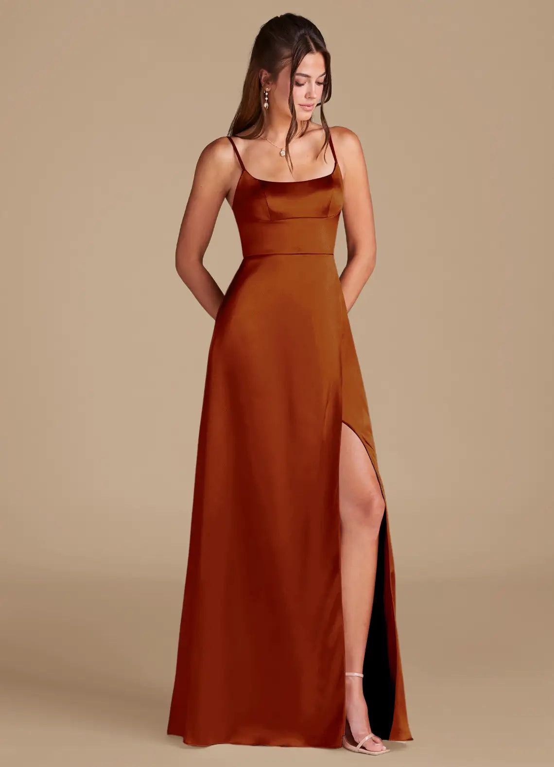 Rust Spaghetti Strap Square Neck High Slit Mermaid Maxi Satin Bridesmaid Dress