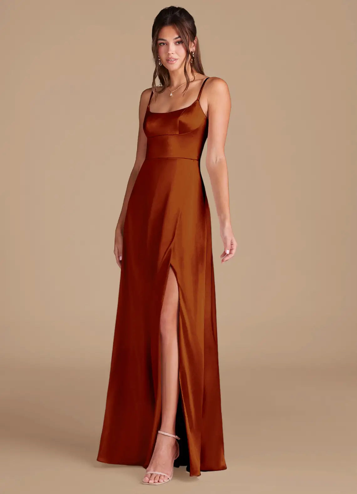 Rust Spaghetti Strap Square Neck High Slit Mermaid Maxi Satin Bridesmaid Dress