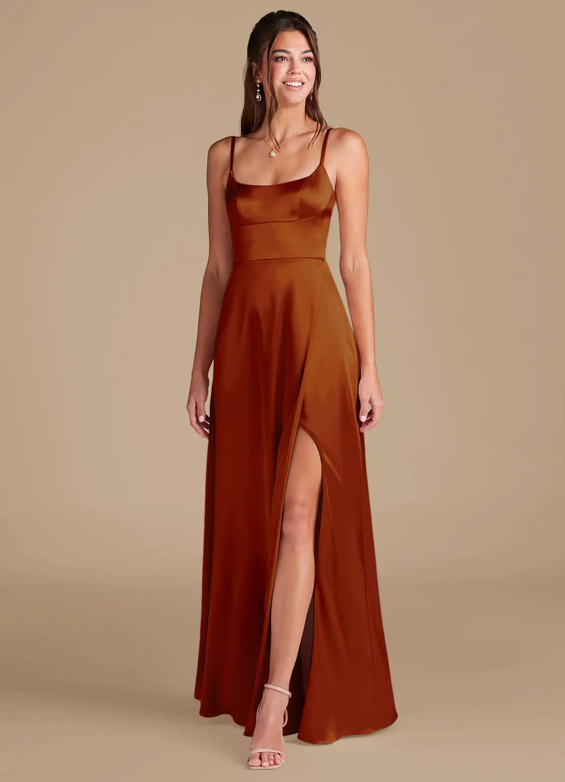 Rust Spaghetti Strap Square Neck High Slit Mermaid Maxi Satin Bridesmaid Dress