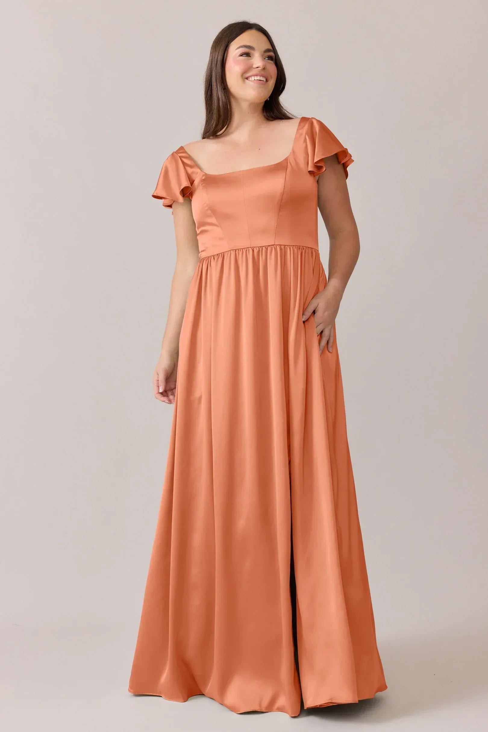 Rust Square Neck Ruffle Sleeve A-Line Bridesmaid Dress